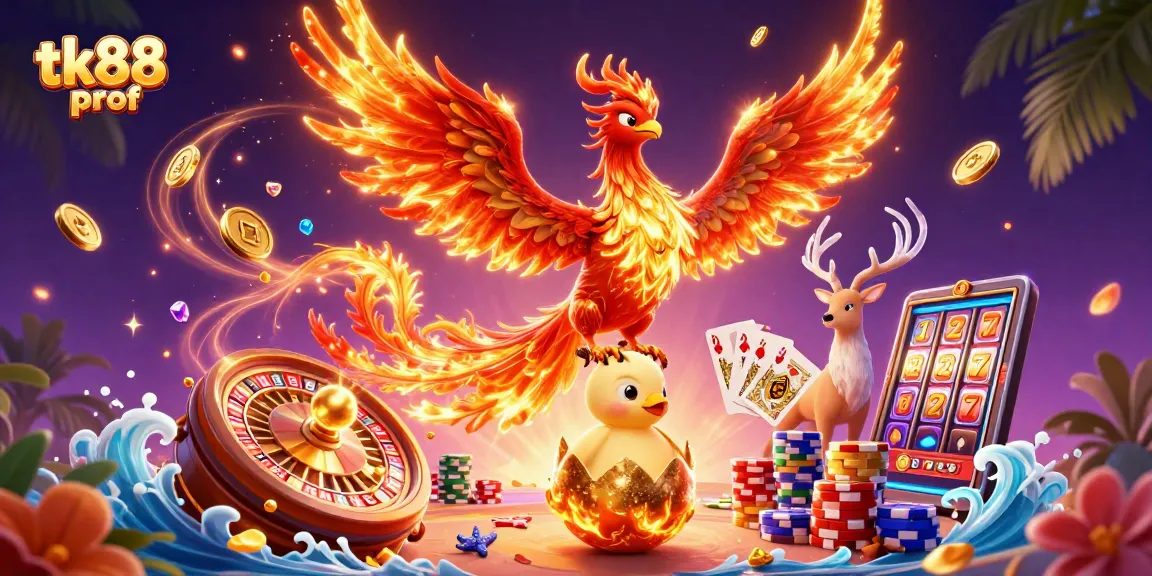 Engage with tk88 prof's thrilling gaming experience featuring a fiery phoenix, golden treasures, and casino excitement.