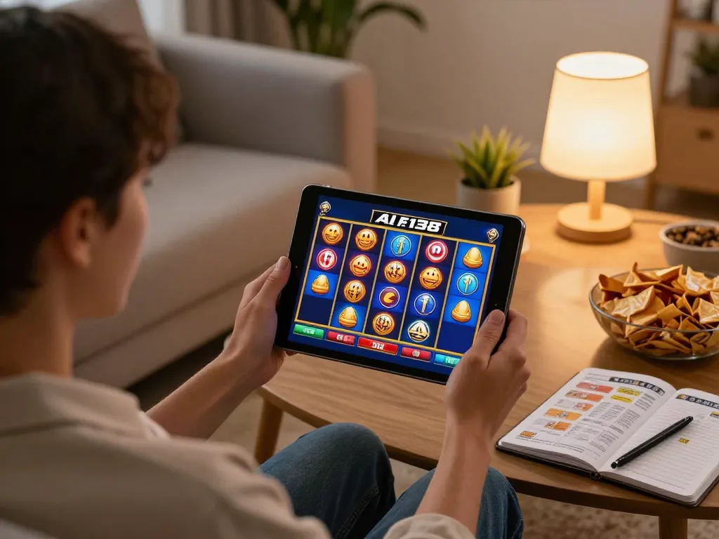 Engaging gameplay of alfa138 slot on tablet showing vibrant symbols aligning, cozy home environment.