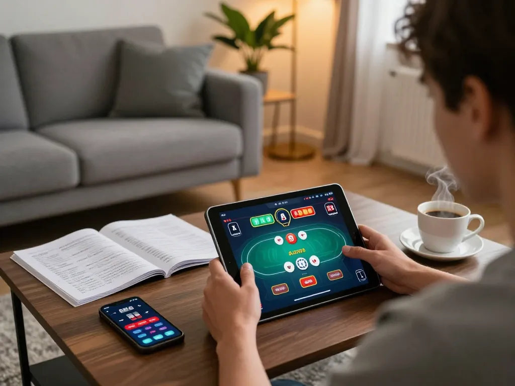 Engaging in online poker gameplay on Sepuhplay using a tablet in a cozy home setting