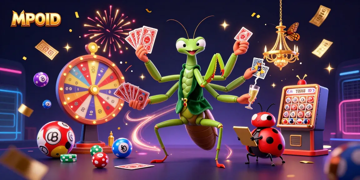 Experience the thrill of winning with MPOID's vibrant casino scene featuring a lively mantis dealer and ladybug pit boss.