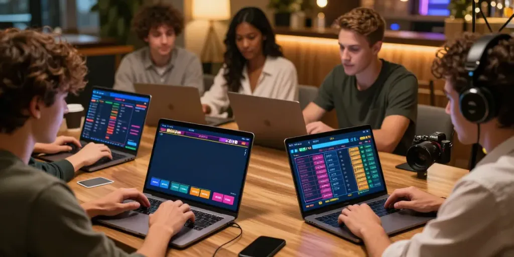 Pengalaman bermain toto online dengan alexistoto, pemain bersemangat memeriksa statistik di laptop dan smartphone.