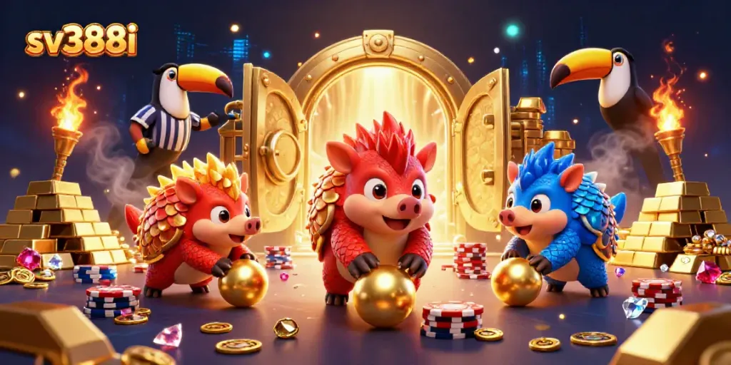 Join the fun at sv388i with a thrilling 3D casino showdown of rival pangolins rolling poker chips!