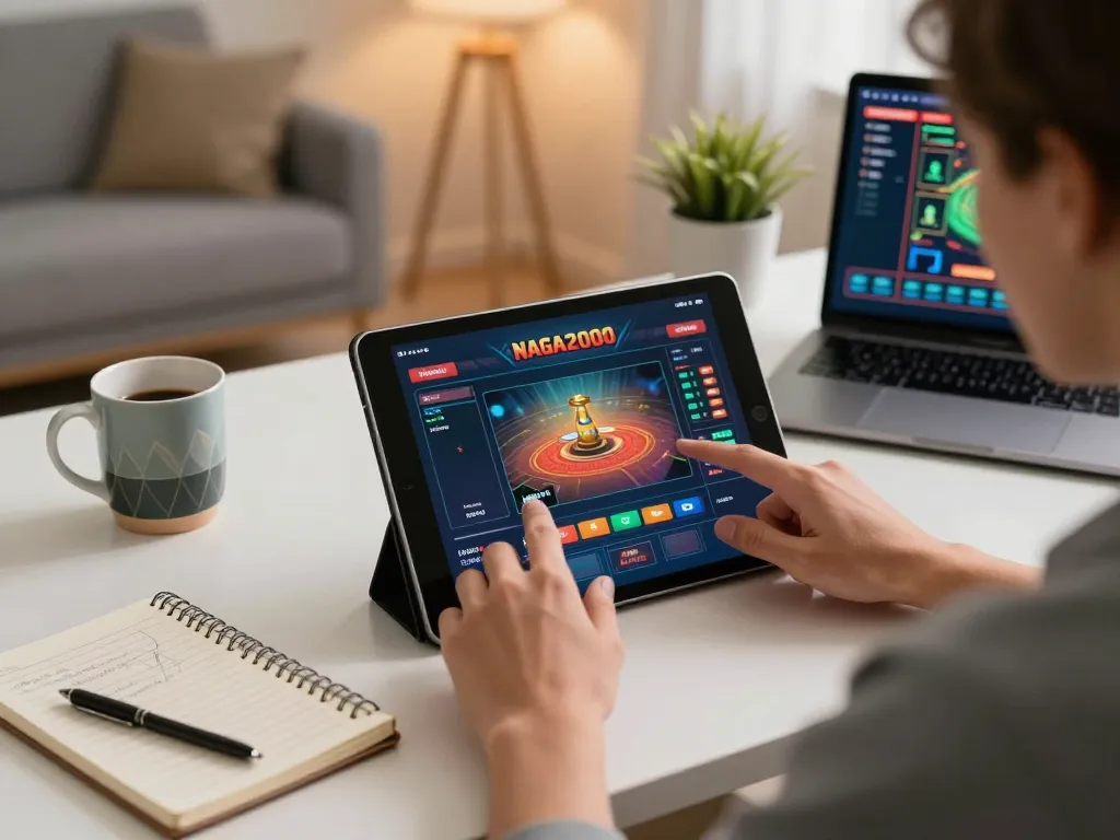 NAGA2000 user actively engaging with online casino on tablet in a cozy home setting.