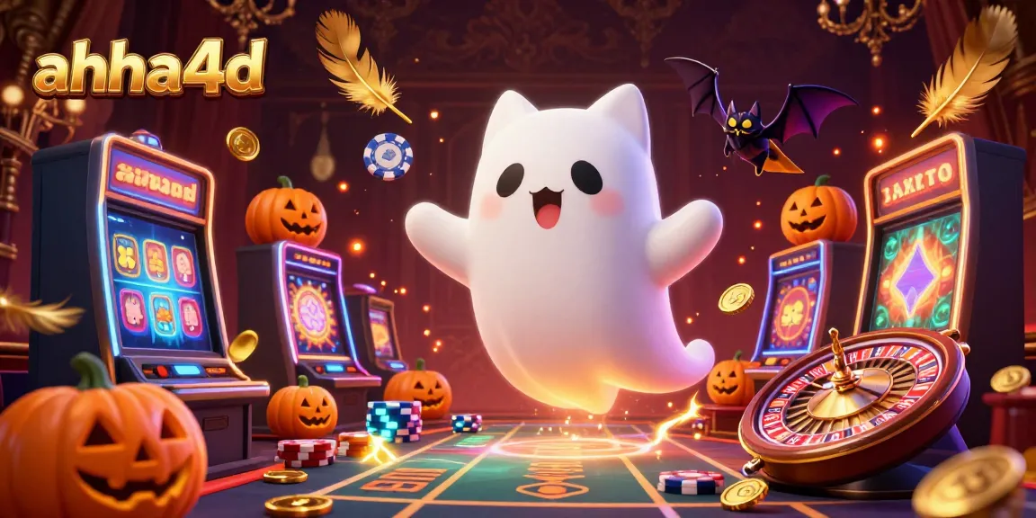 Engage with ahha4d in this vibrant casino scene featuring a ghost cat, a bat, and glowing poker elements.