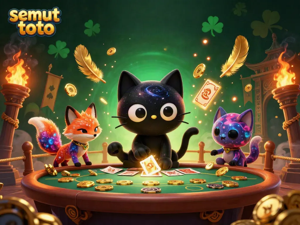 Berpartisipasi dalam permainan togel online semut toto dengan grafik interaktif yang menampilkan kucing lubang hitam dan rubah nebula.