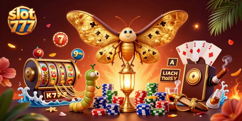 Mainkan slot 777 dalam pengalaman kasino yang menakjubkan dengan Moth Atlas dan elemen berkilauan.