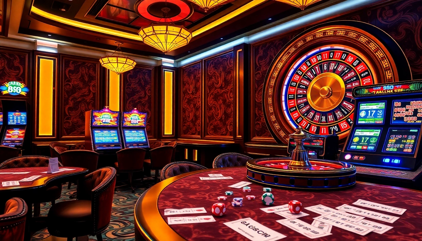 Experience the thrill of kaisar 888 in a luxurious 4D lottery gaming room, showcasing vibrant casino elements.