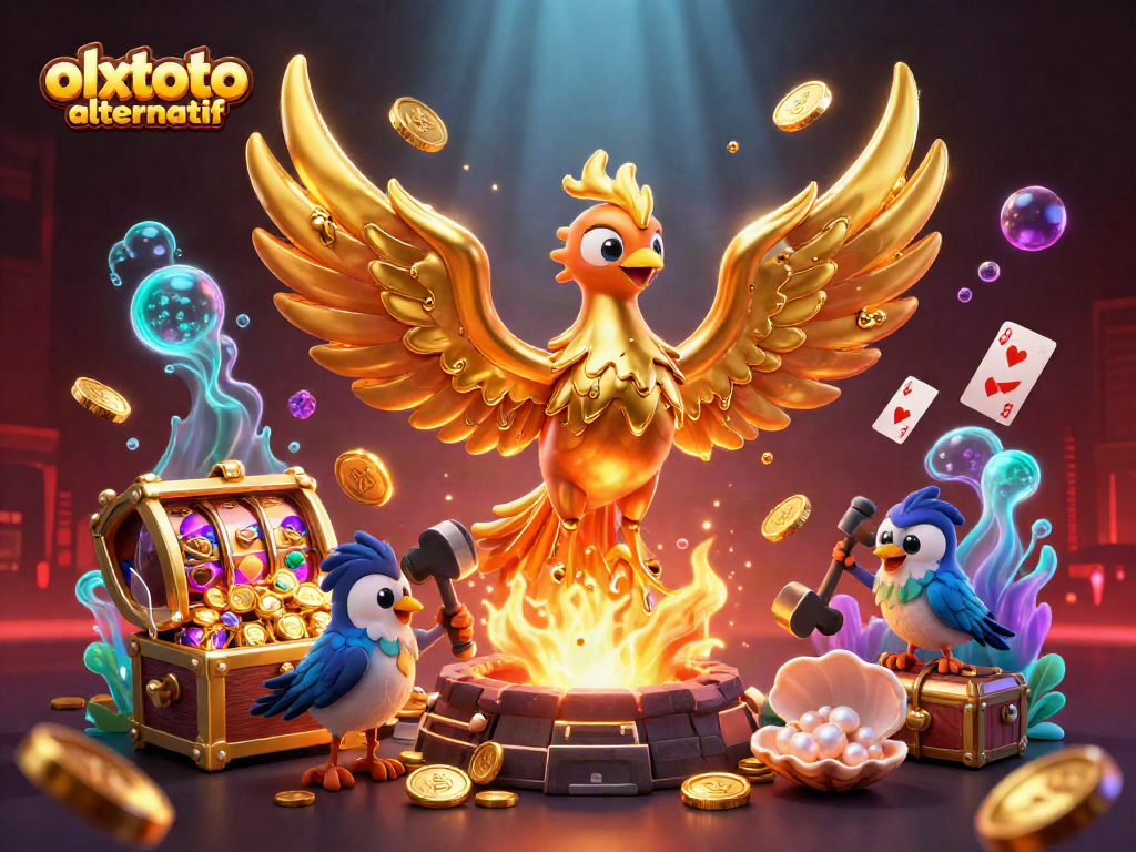 Engage with olxtoto alternatif through a vibrant phoenix-themed casino scene, enriched with sparkling gold treasures.
