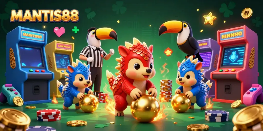 MANTIS88 pangolins compete in a dynamic casino scene, bowling poker chips amidst arcade excitement.