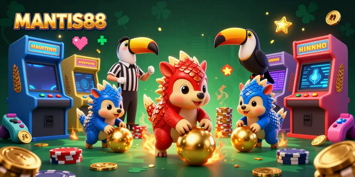 MANTIS88 pangolins compete in a dynamic casino scene, bowling poker chips amidst arcade excitement.