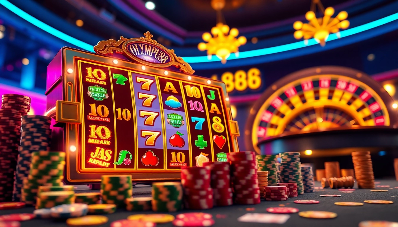 Experience the thrilling atmosphere of OLYMPUS88 with vibrant slot machines and casino elements.