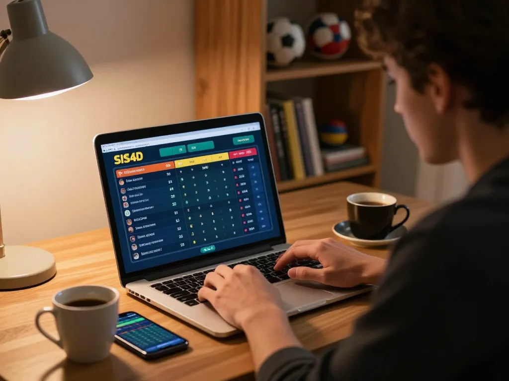 Sis4D online sports betting at home, laptop displaying betting interface with live odds and smartphone nearby.