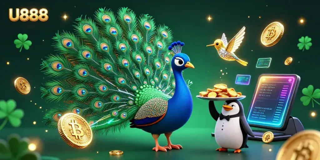 Experience U888's vibrant casino atmosphere with animated characters amid glowing crypto elements.