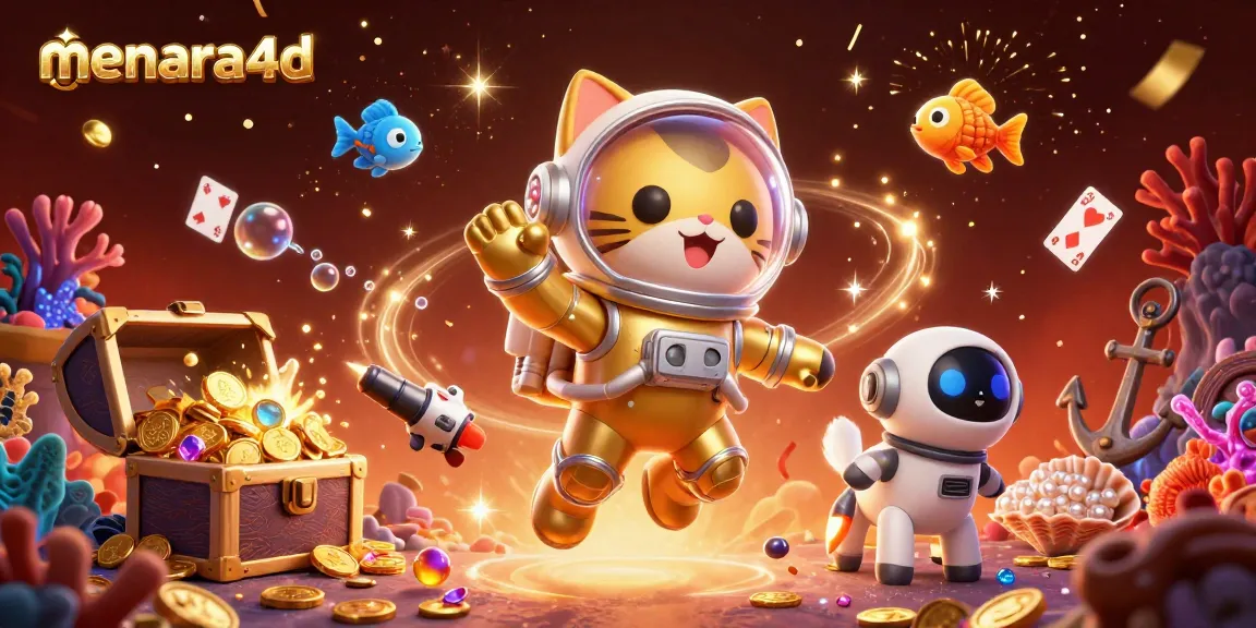 Menara4d menyajikan momen permainan seru dengan kucing astronaut dan anjing robot, dikelilingi oleh harta karun.