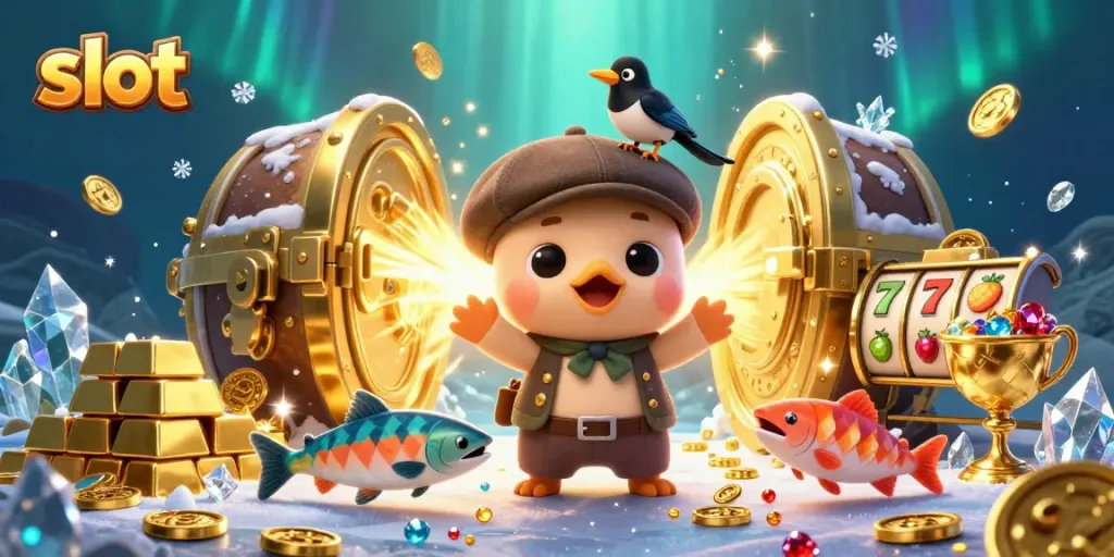 Slot online menampilkan karakter lucu dengan harta karun, ikan salmon, dan simbol buah berkilau dalam suasana kasino.