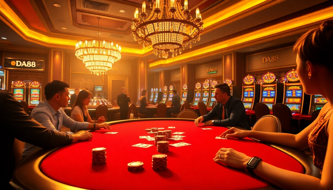 Experience thrilling gameplay at da88.london casino with vibrant poker chips and a roulette wheel.