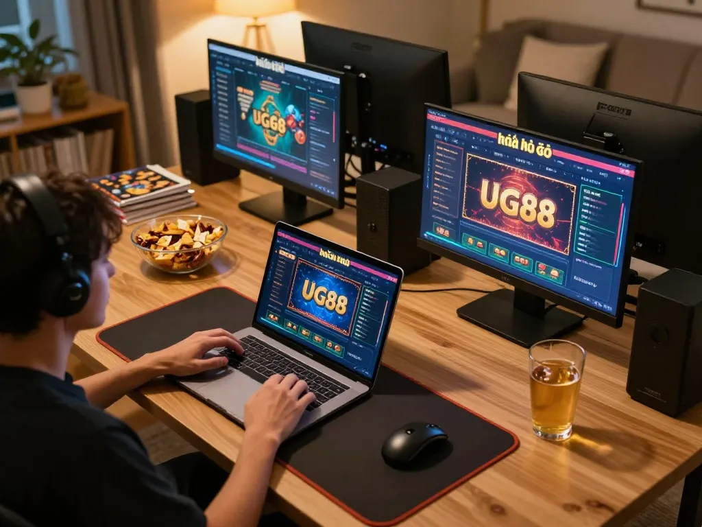 Player engaging with nhà cái UG88 on a laptop in a cozy home setting, highlighting online gaming experience.