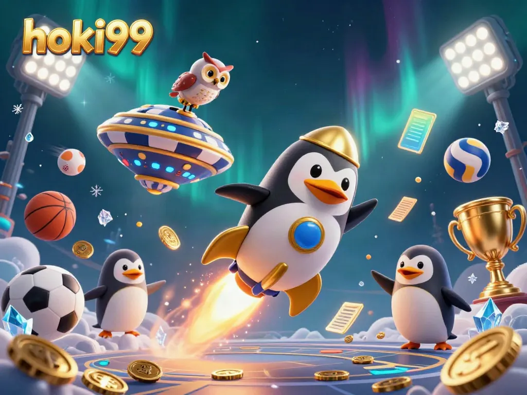 Gambarkan momen seru di hoki99 dengan penguin emas meluncur ke stasiun kasino.