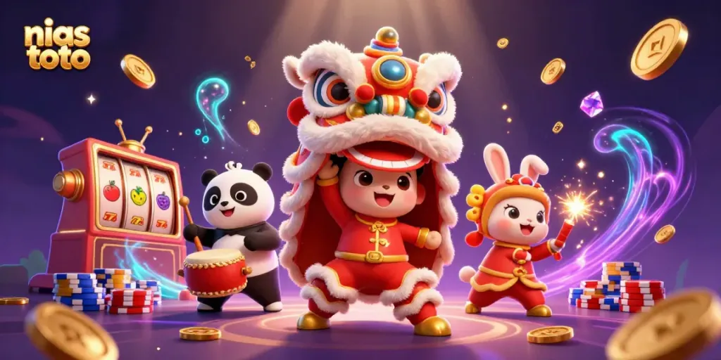 Menangkan permainan di nias toto dengan ilustrasi ceria slot dan karakter lucu yang menghiasi suasana kasino.