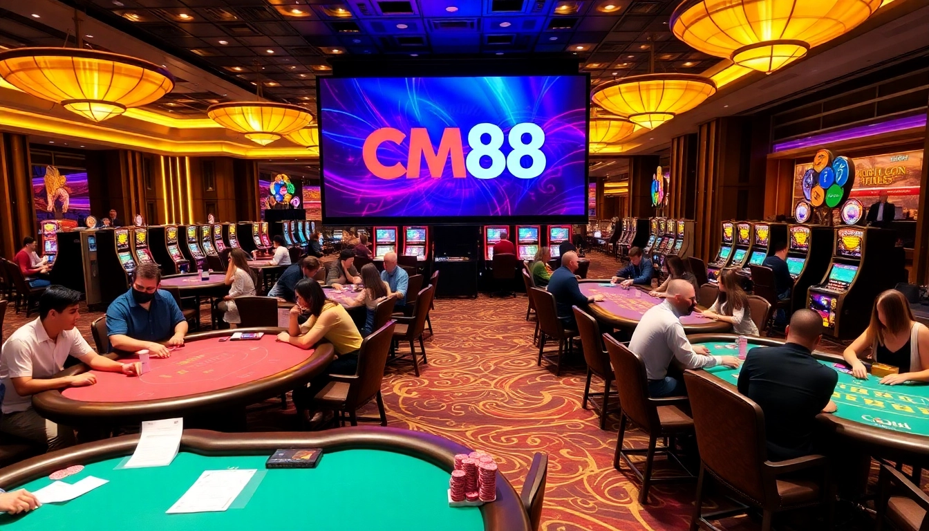 Players enjoying the thrill of gambling at CM88 casino tables with vibrant slot machines.