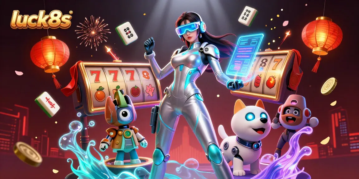 Experience the thrill of luck8s with a dazzling casino scene featuring a futuristic woman and robot.