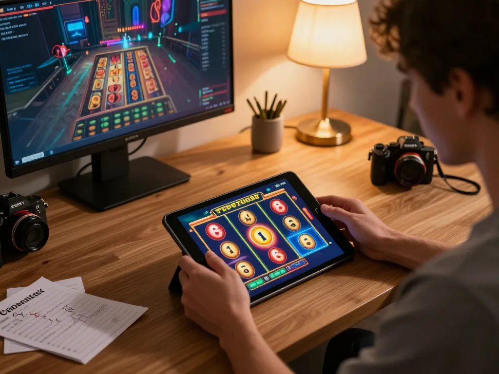 Player engages in exciting slot game on lucks8 tablet, showcasing colorful graphics and cozy ambiance.