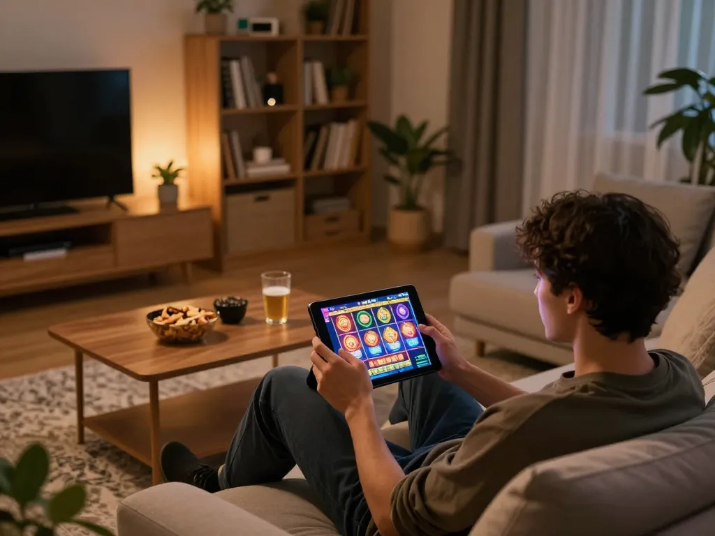 SATRIA123 player enjoying slot gaming on a cozy sofa at home, tablet displaying vibrant game interface.