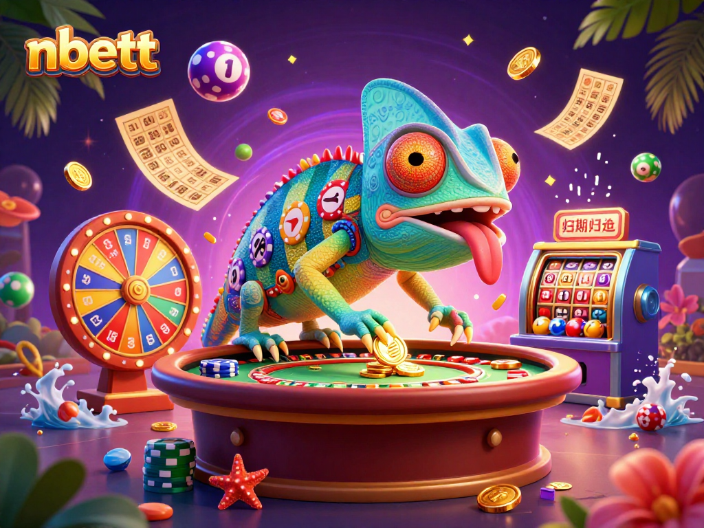 Experience excitement with nbett as colorful lottery balls and a chameleon casino owner create a vibrant gaming scene.
