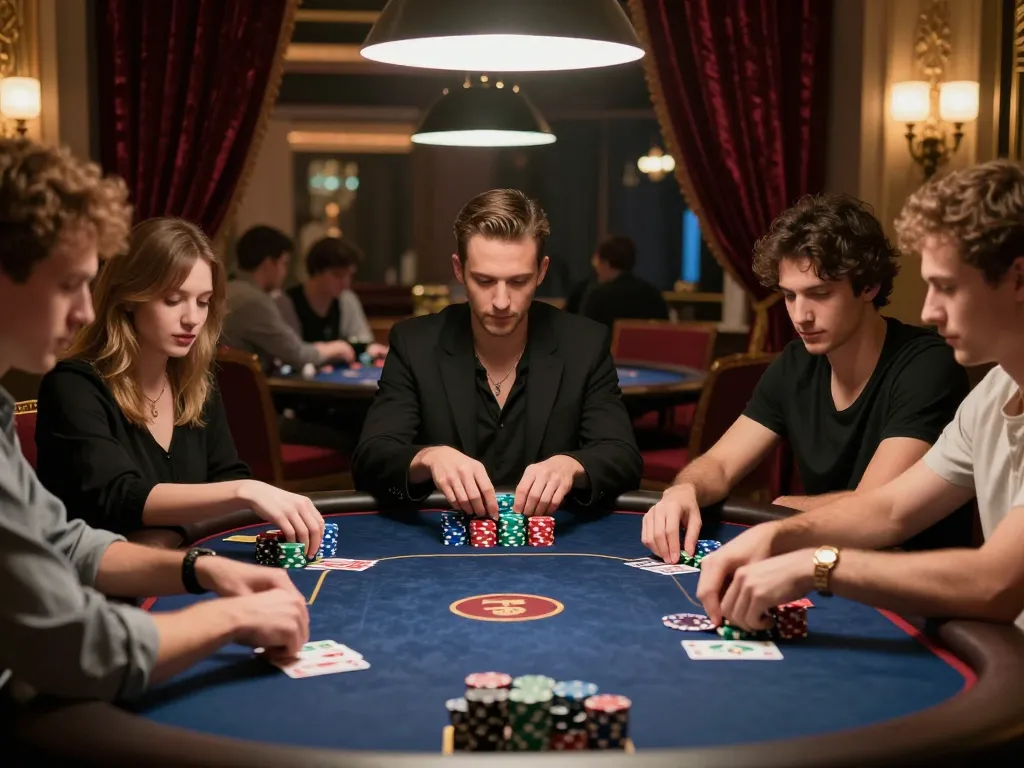 Engaging group plays poker at 789bet, showcasing strategic moves in a sophisticated casino.