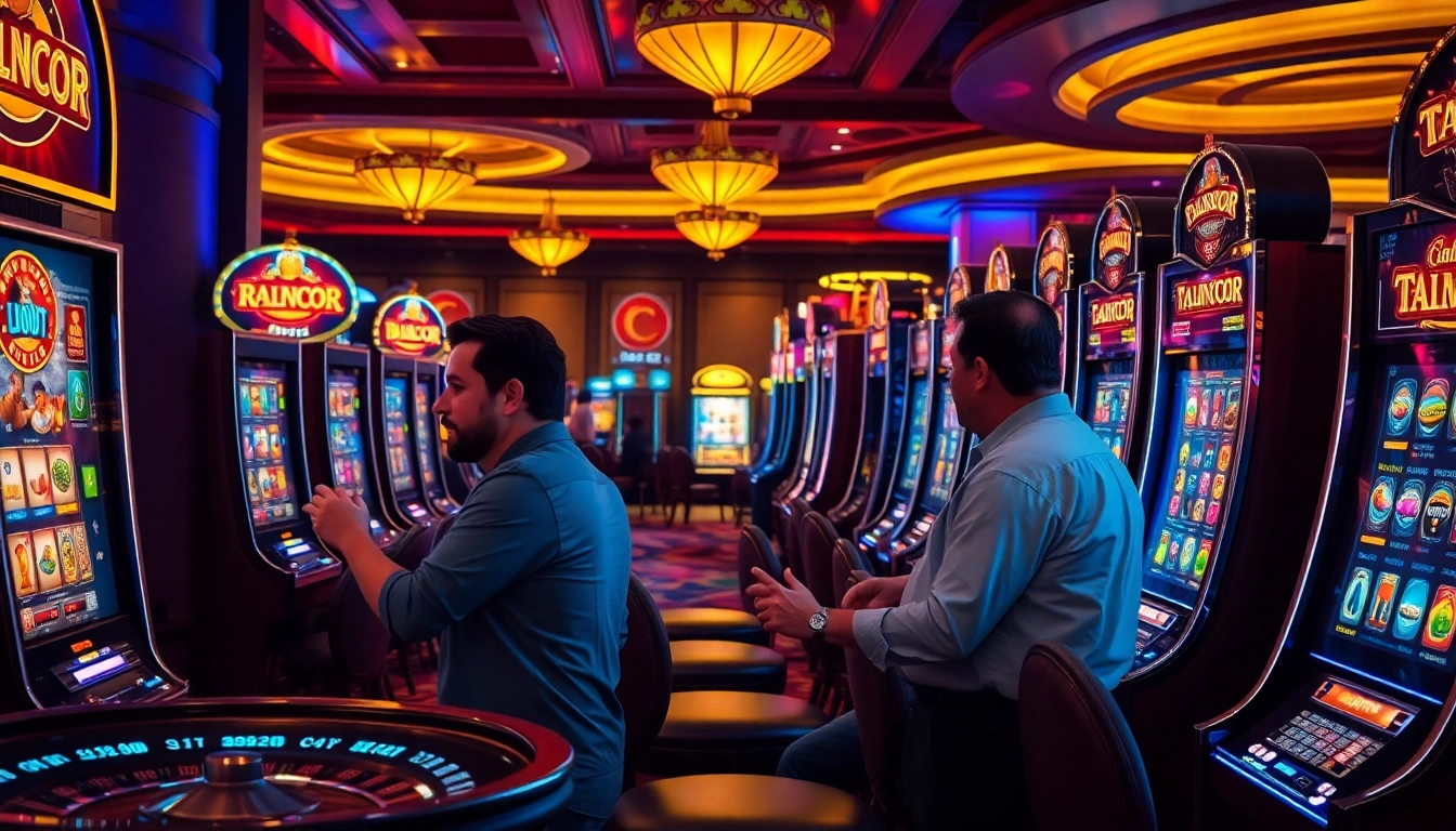 Player excitedly engages with a slot gacor machine in a vibrant casino setting.