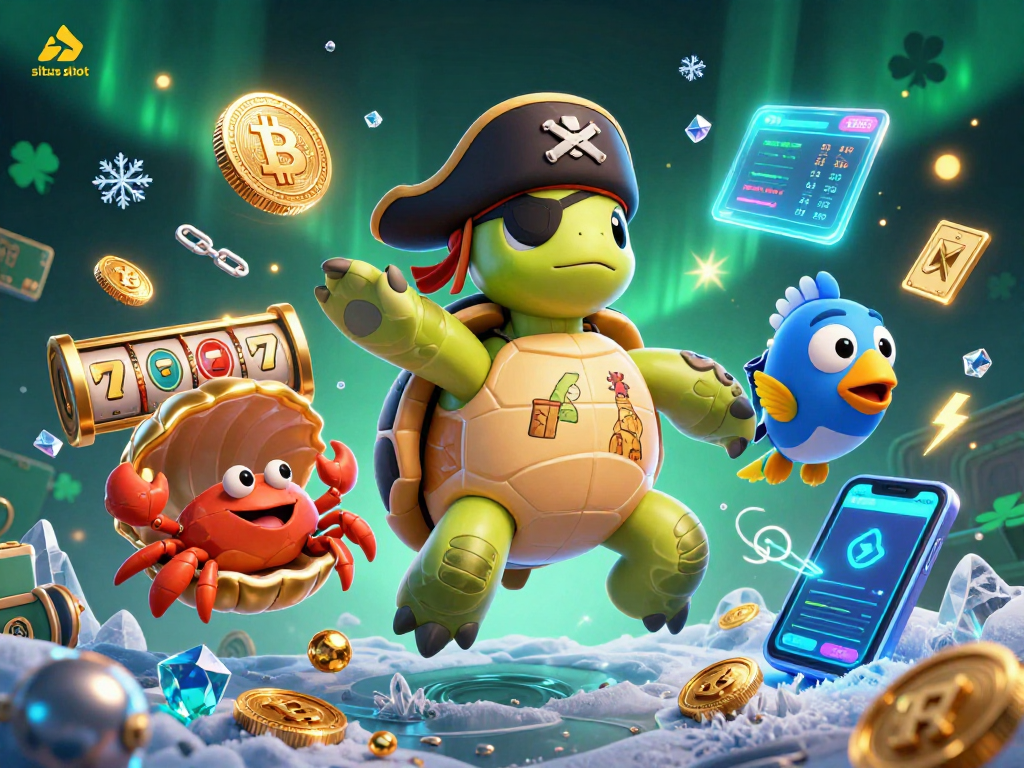 Menggali kesenangan di situs slot dengan karakter kura-kura bajak laut, kepiting, dan ikan parrot di antara simbol jackpot dan cryptocurrency.