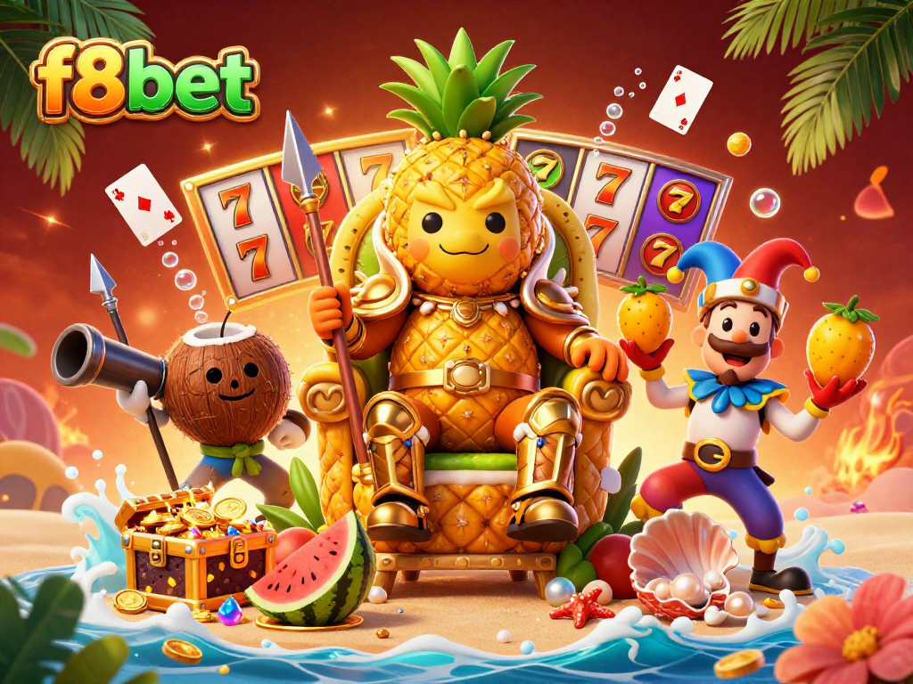 Engage with f8bet's vibrant casino adventure featuring a golden pineapple king and lively characters.