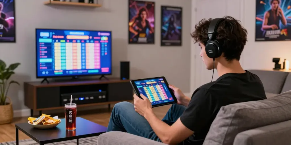 Pengalaman bermain Toto Macau 4D dengan antarmuka hasil langsung di tablet di ruang tamu modern.