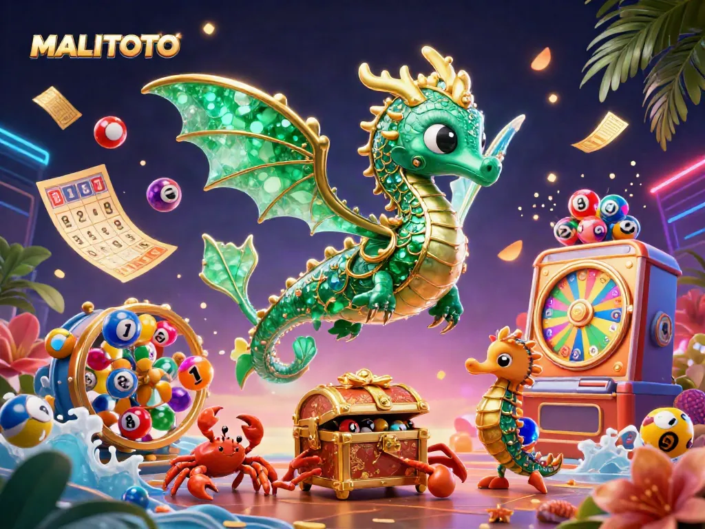 MALITOTO showcases a dazzling scene with a sea dragon and lottery elements, celebrating online gaming excitement.