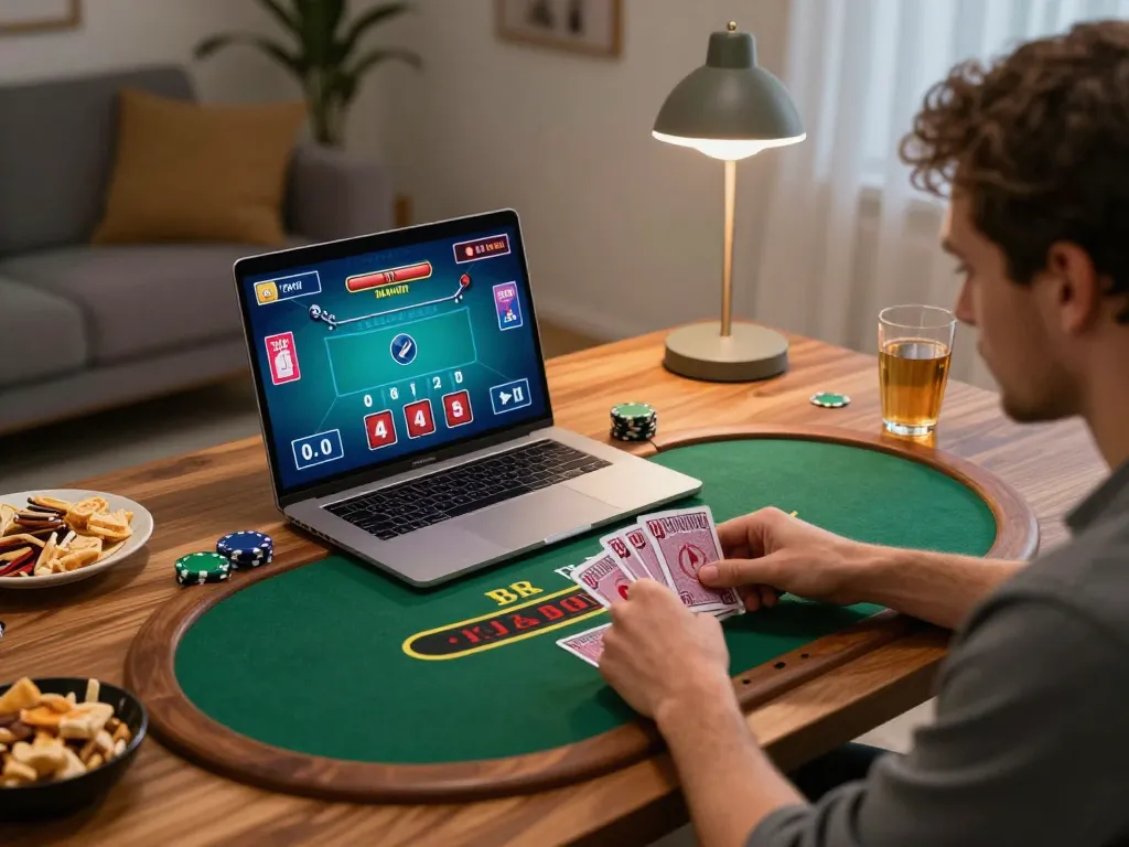 Engaged player strategizing in an online blackjack game on lv88 platform, showcasing a cozy home environment.