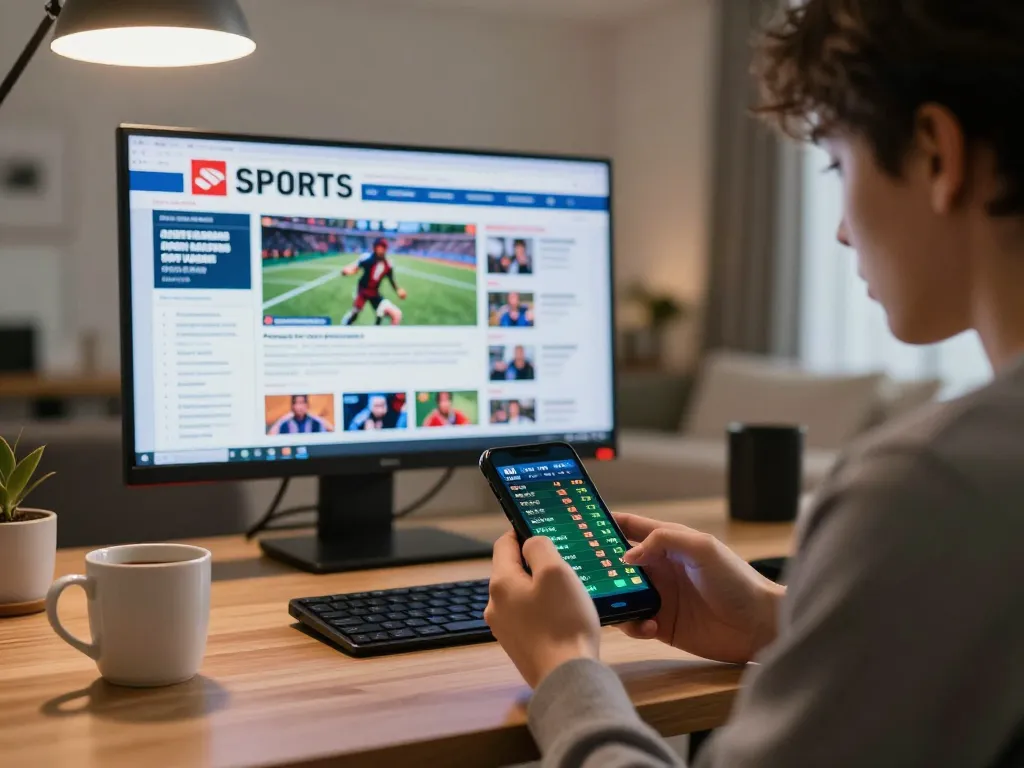 Betting on fabet with a smartphone at a stylish home desk, focused on game odds and analysis.