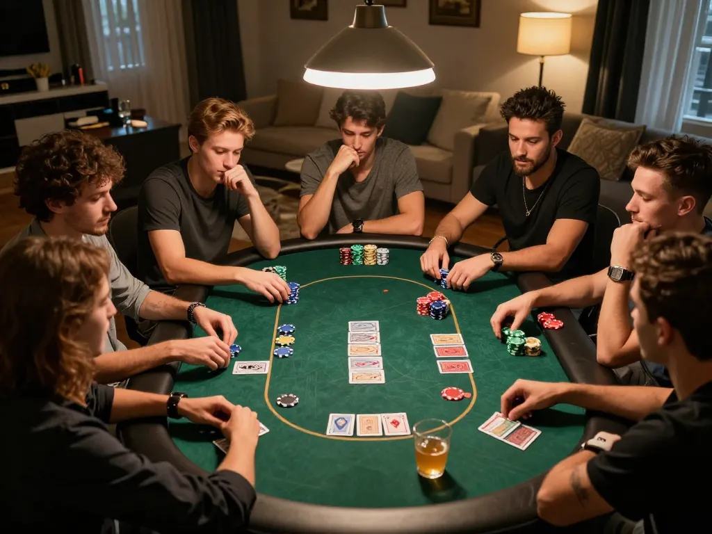 Engaged players at a stylish home poker game, showcasing the excitement of gambling at q23win.com.