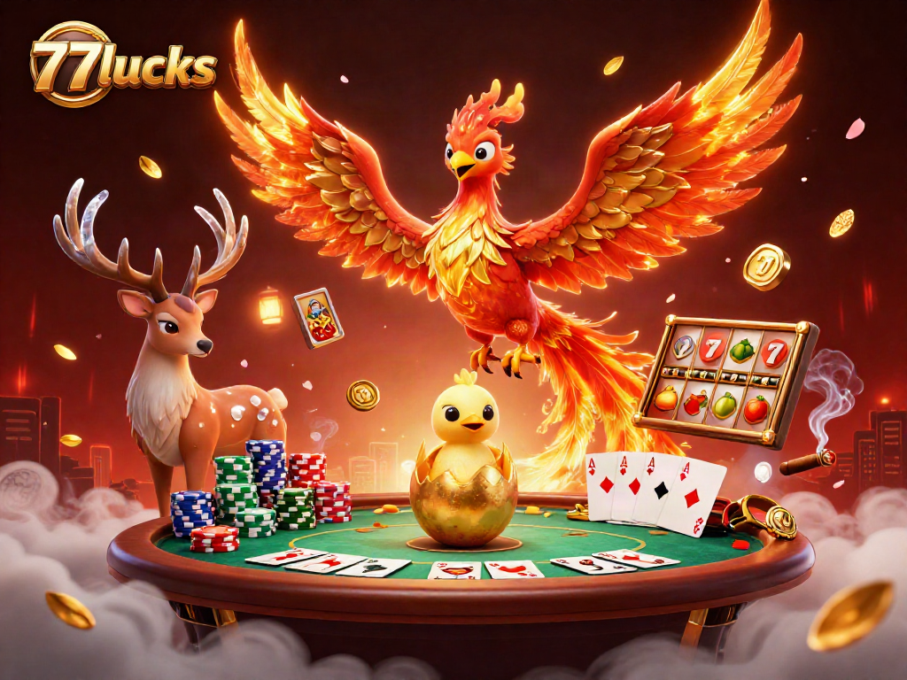 77lucks menampilkan game slot dengan simbol keberuntungan dan jackpot yang berkilauan.