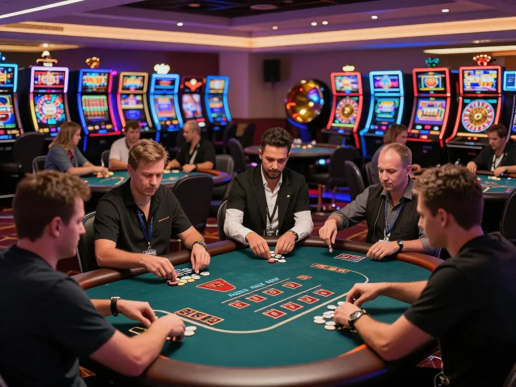 S88 players enjoying an intense poker game at a vibrant casino, reflecting on their strategies.