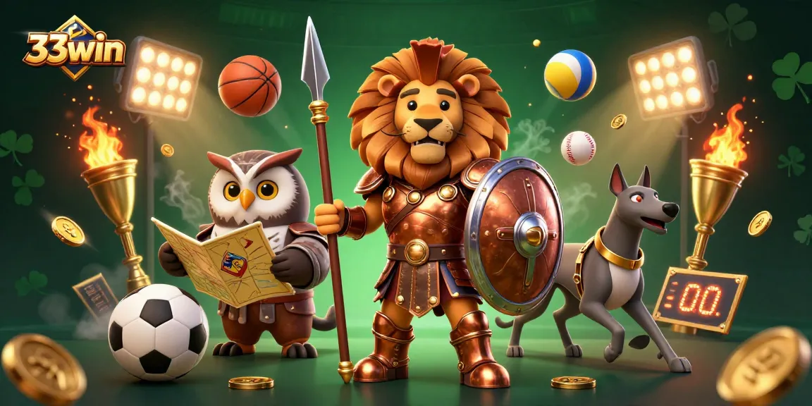 Engage with 33win’s thrilling casino experience featuring a valiant Spartan lion, strategic owl, and swift greyhound amidst dynamic sports elements.