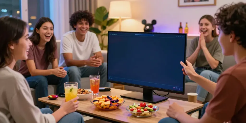 Geng ceria sedang menikmati permainan slot online di rumah bersama ahha4d.