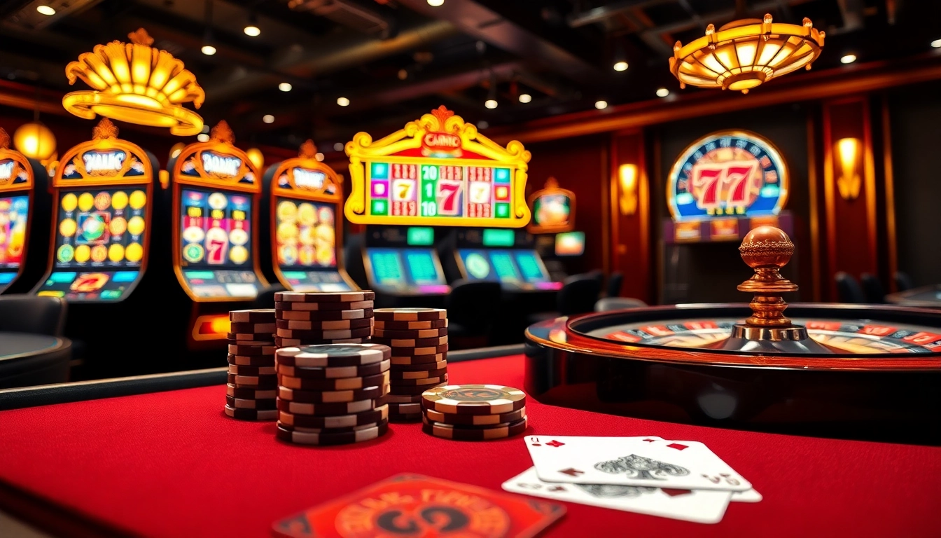 Adegan perjudian online yang menarik menampilkan vipforbest.com/ru/settlepay/registration dengan slot warna-warni dan keping poker.