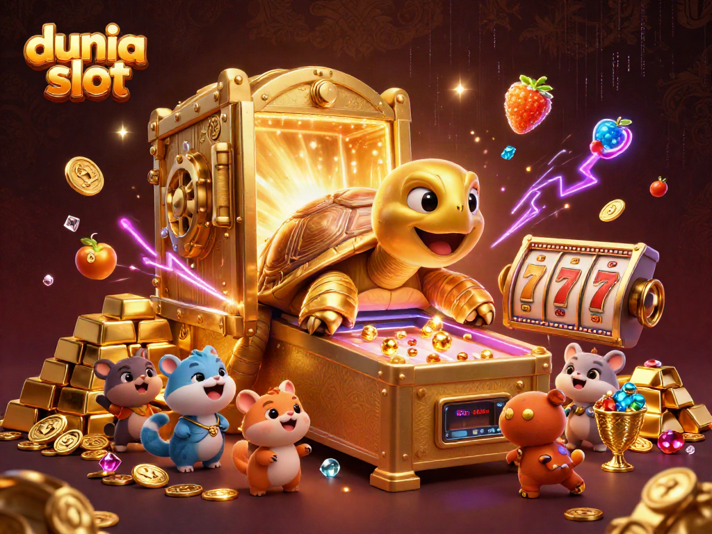 Permainan dunia slot yang menarik dengan kura-kura emas raksasa berfungsi sebagai mesin pinball, dipenuhi harta karun berkilau.