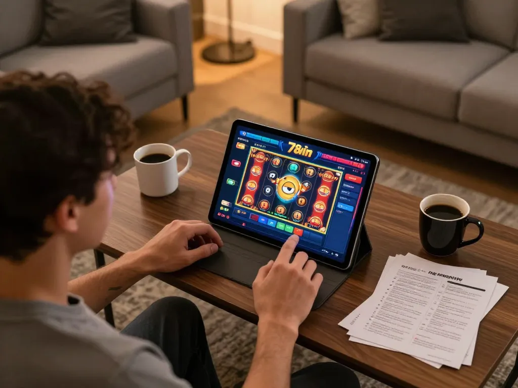 Player engaged with the 78win casino app on tablet in a cozy home setting, emphasizing strategic gameplay.
