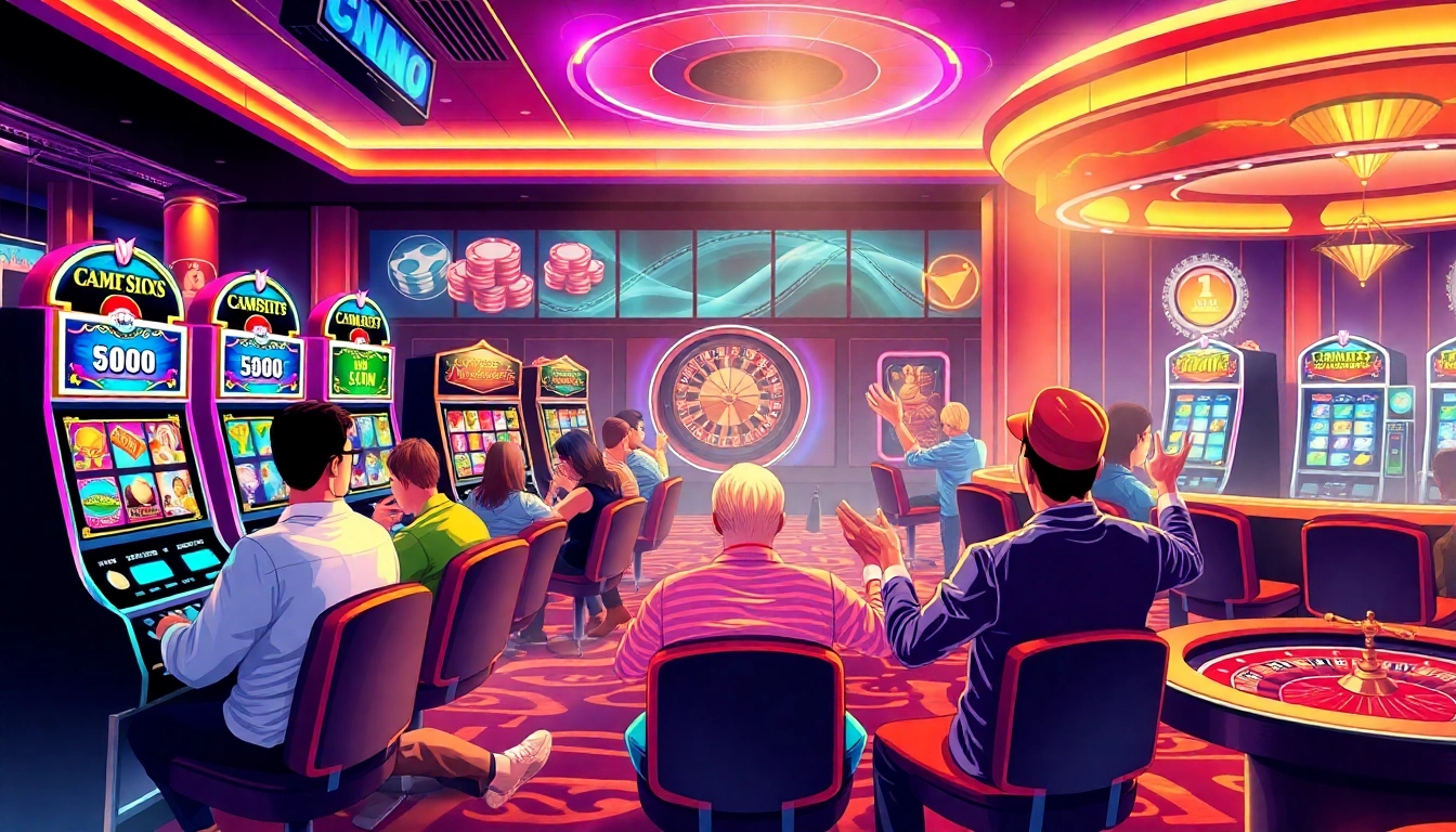 Players enjoying an exciting demo slot experience in a vibrant casino setting.