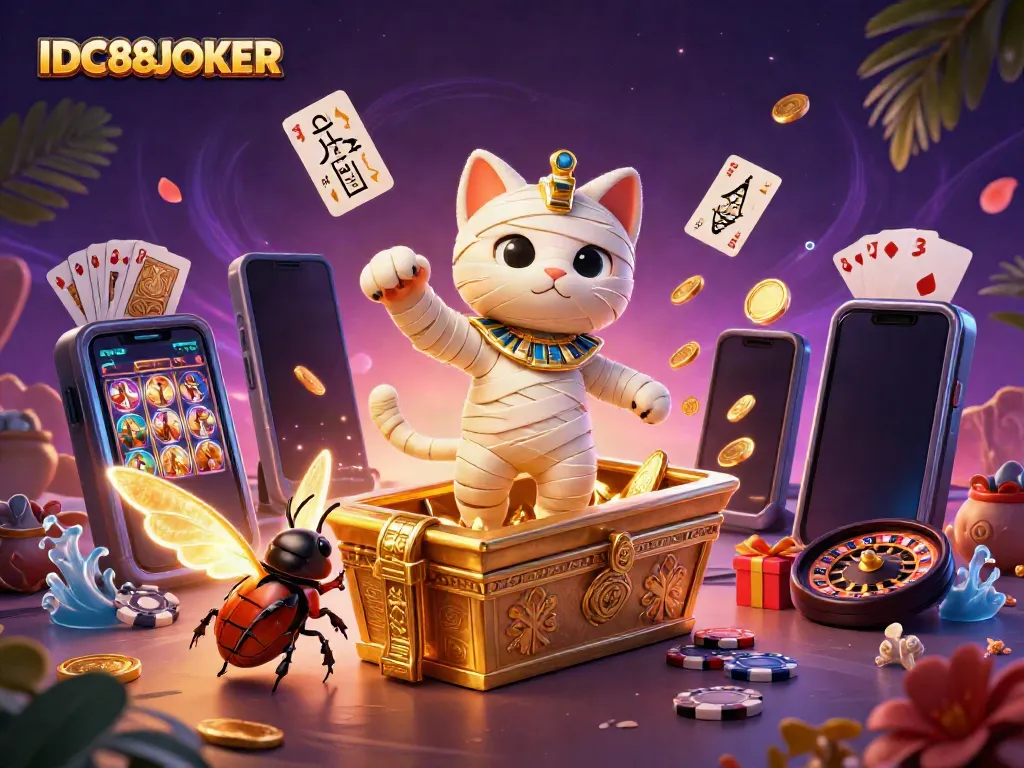 Experience thrilling gameplay with IDC88JOKER as an Egyptian mummy cat unveils treasures in a vibrant casino.