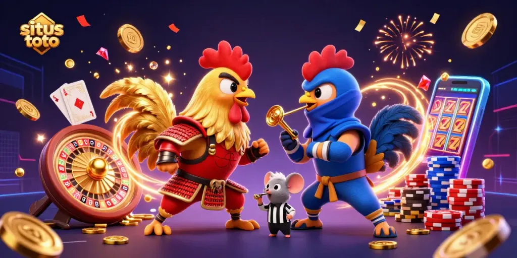Merayakan situs toto melalui duel ayam kartun, debu koin emas bertebangan.