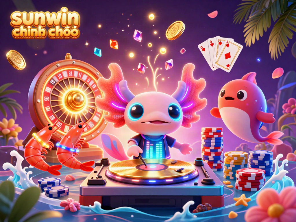 Experience the excitement of sunwin chính chủ with a vibrant underwater casino scene featuring DJs and dancing characters.