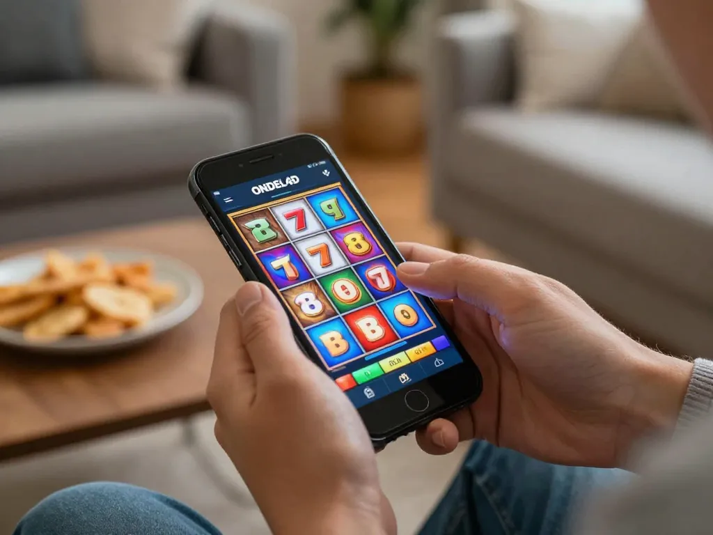 Player enjoying the ONDEL4D app slot games at home, engaging with colorful UI.