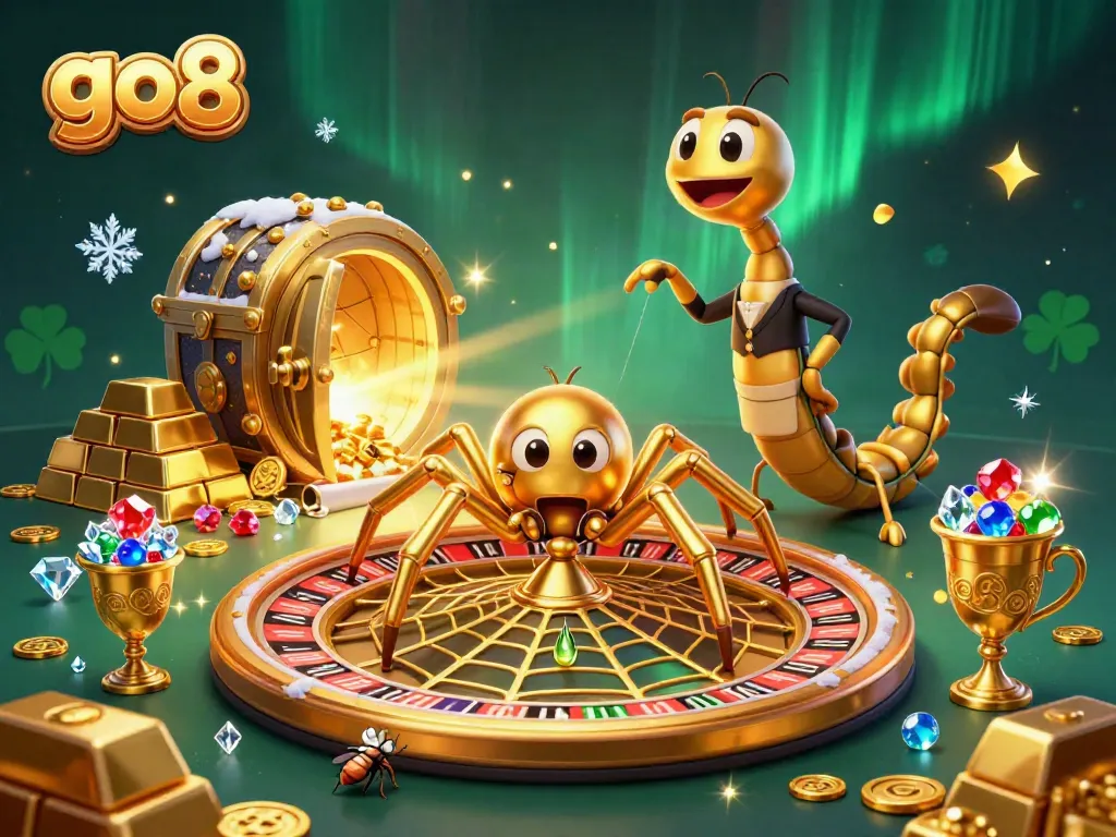 Engage with go8 gambling excitement through a spider spinning a roulette wheel of gold.